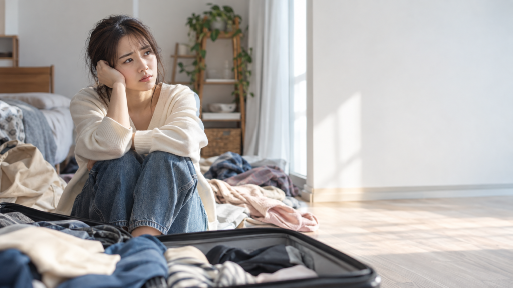 衣類が広がる室内で開いたスーツケースのそばに座り、外出準備の途中で考え込む女性