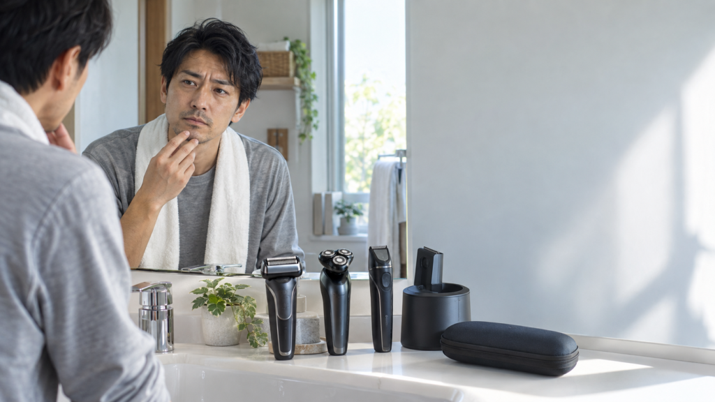 洗面台の鏡であごのヒゲを確認し、往復式・回転式など複数の電気シェーバーを前に選び方を考える男性