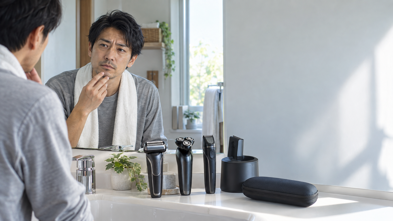 洗面台の鏡であごのヒゲを確認し、往復式・回転式など複数の電気シェーバーを前に選び方を考える男性