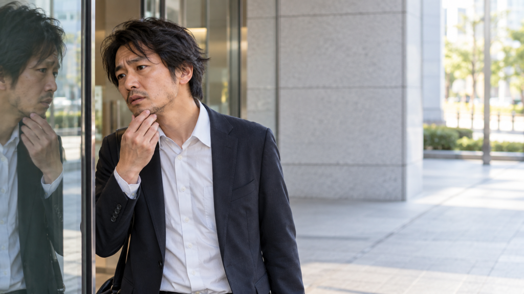 オフィスビルのガラスに映る自分を見ながら、あごの無精ひげや髪の乱れを確かめるスーツ姿の男性