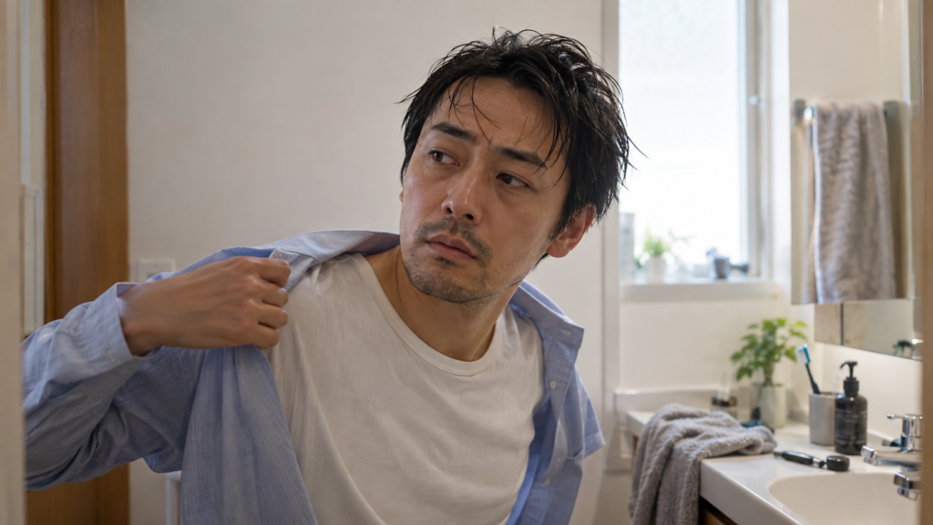 朝の洗面所でシャツを着ながら、濡れた髪や伸びたヒゲが残る身支度途中の男性
