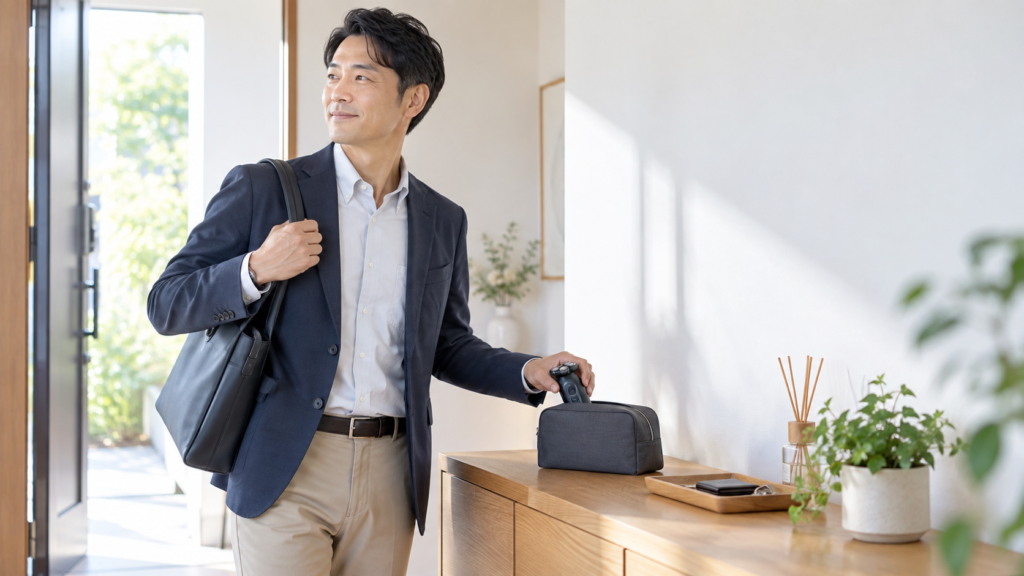 肩掛けバッグを持った男性が玄関で電気シェーバーをポーチへ収め、出発前に身だしなみ用品をまとめる場面