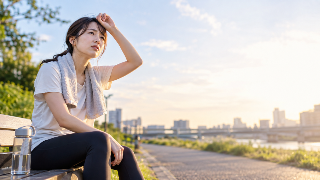 運動着で河川敷のベンチに座り、首にタオルを掛けて水筒のそばで休憩する女性