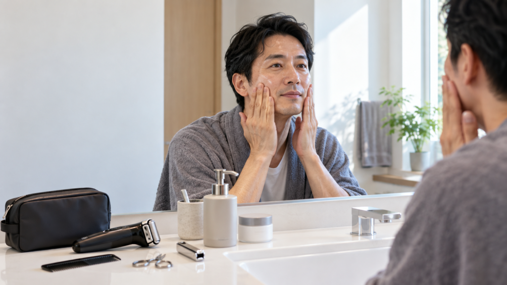 洗面台の鏡を見ながら両手で頬に保湿剤をなじませ、シェーバーやコームをそばに整えた男性