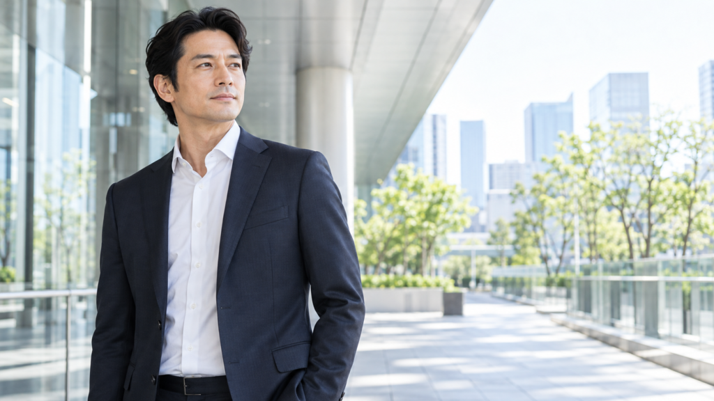 髪やヒゲを整え、清潔なシャツとスーツで明るいビジネス街に立つ男性
