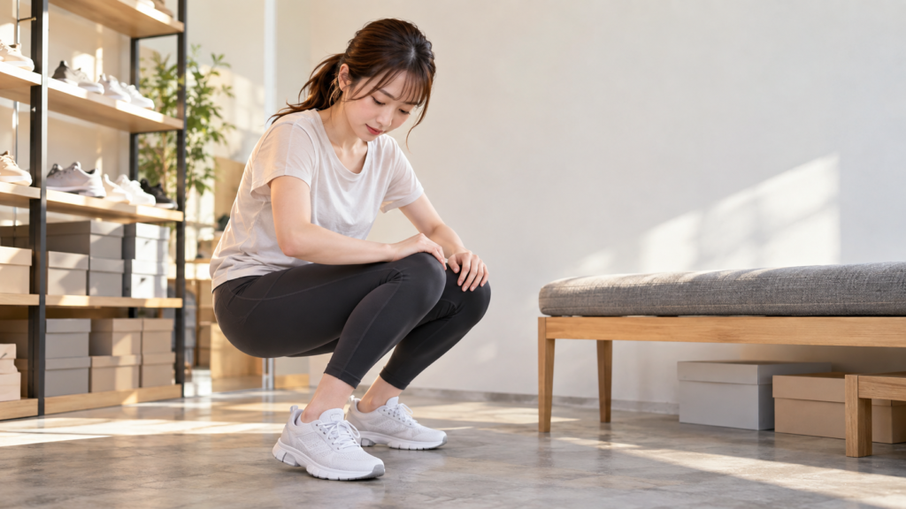 スポーツシューズ売り場でトレーニングシューズを履き、しゃがんでフィット感を確かめる女性