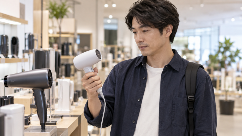 家電売り場でコンパクトなドライヤーを手に取り、持ちやすさやサイズ感を確かめる男性